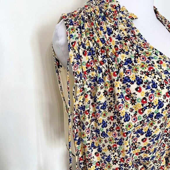 NWOT DEREK LAM 10 CROSBY 100% SILK FLORAL SLEEVELESS SMOCKED TASSEL BLOUSE - XS - Picture 6 of 10